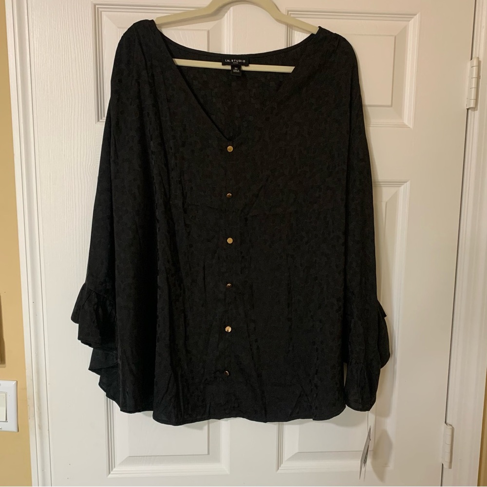 I.N. Studio Black Button Front Long Ruffle Sleeve Blouse - Picture 2 of 5